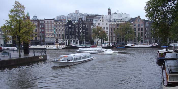 Cruise boats on the canals of Amsterdam.