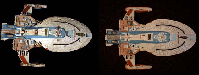 Studio filming model of the USS Yeager on left, and my 1/2500th version on the right.